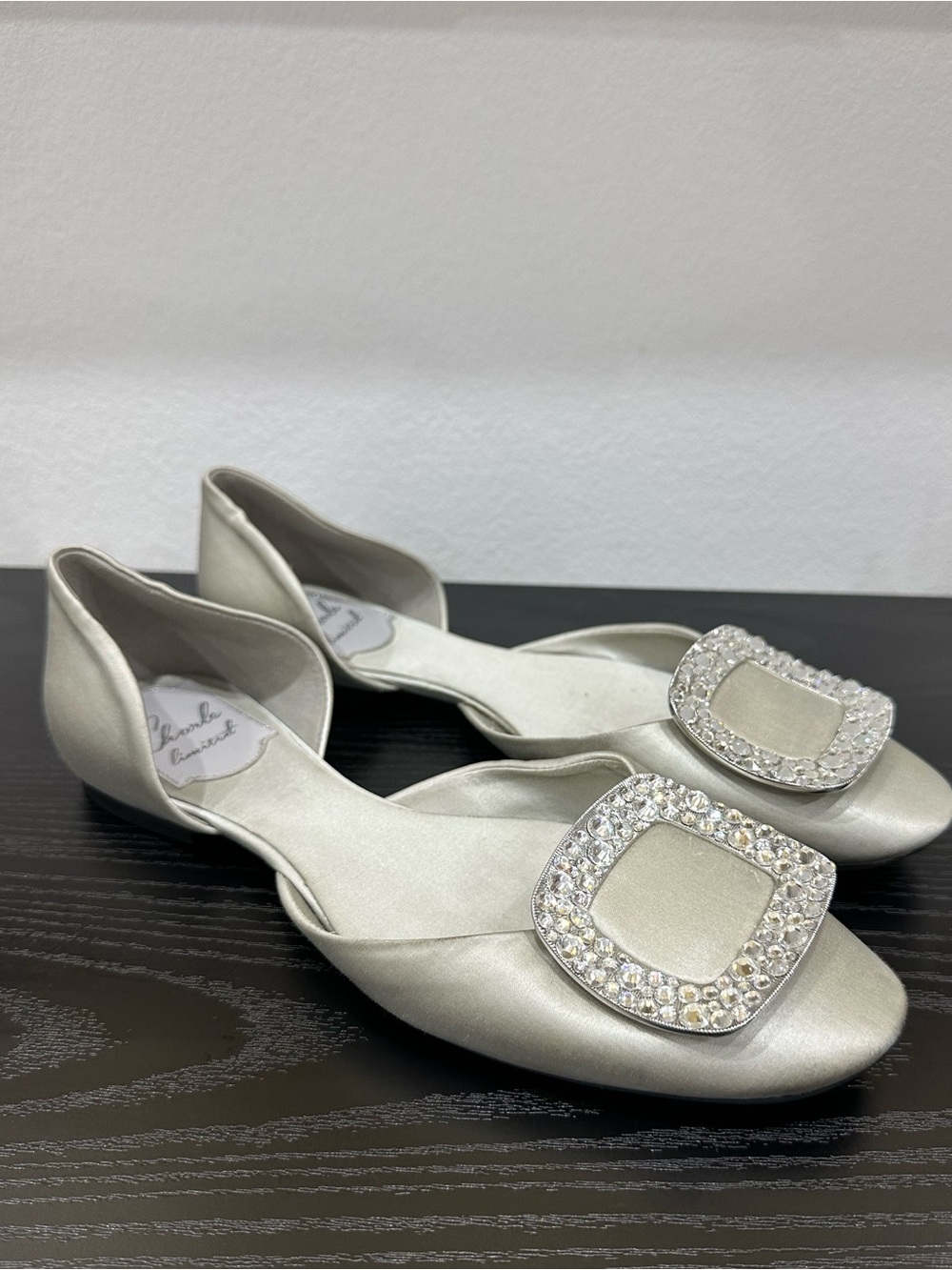 Satin D'Orsay Crystal Buckle Flats - Silver